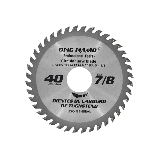 Disco sierra circular ONG NAMO 4 3/8" para madera, 40 dientes carburo tungsteno, eje 7/8"