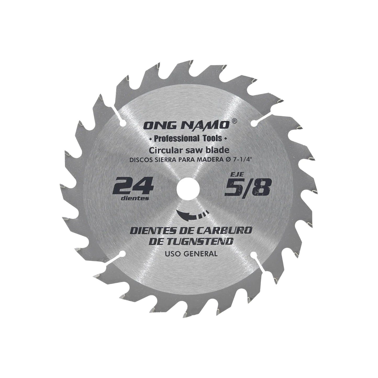 Disco sierra circular Ong Namo 7 1/4 pulg. 24 dientes de carburo, eje 5/8 pulg. uso general.