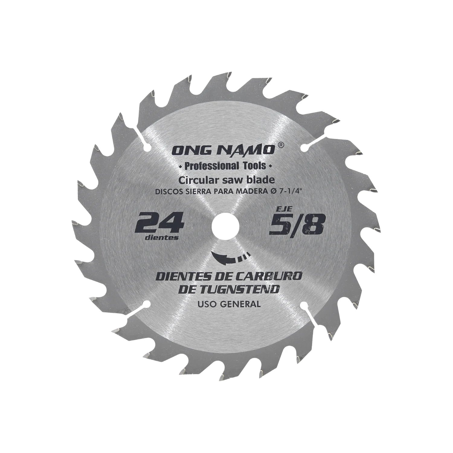 Disco sierra circular Ong Namo 7 1/4 pulg. 24 dientes de carburo, eje 5/8 pulg. uso general.