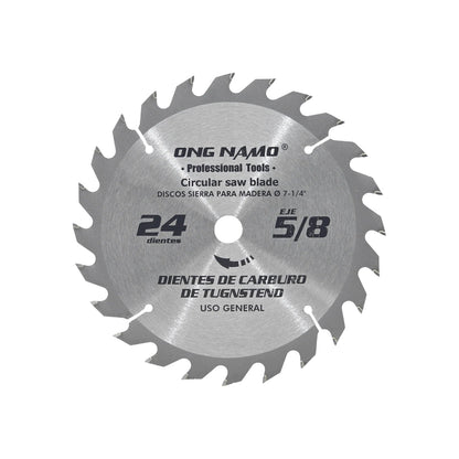 Disco sierra circular Ong Namo 7 1/4 pulg. 24 dientes de carburo, eje 5/8 pulg. uso general.