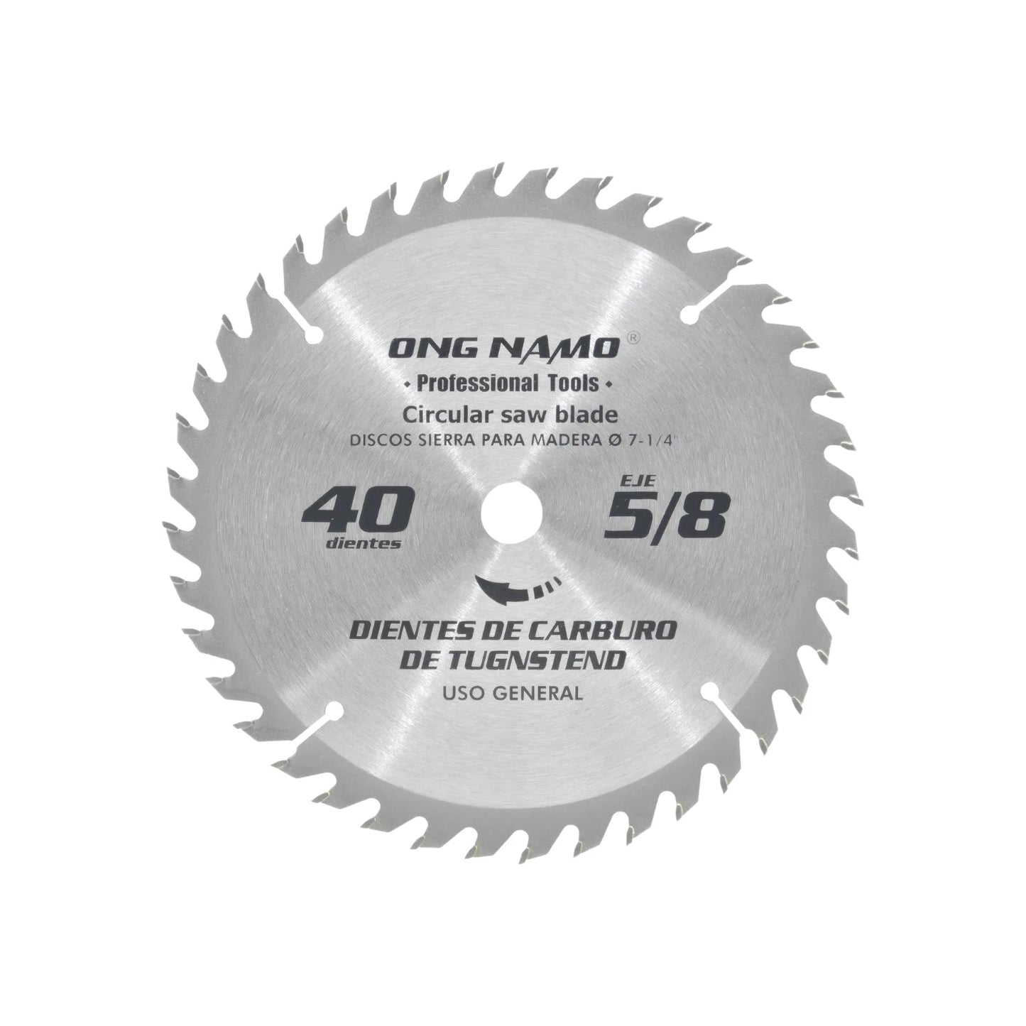 Disco sierra circular ONG NAM® 7-1/4" para madera, 40 dientes de carburo de tungsteno, eje 5/8"