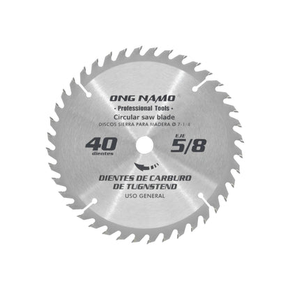 Disco sierra circular ONG NAM® 7-1/4" para madera, 40 dientes de carburo de tungsteno, eje 5/8"