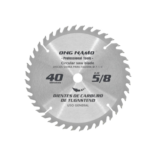Disco sierra circular ONG NAM® 7-1/4" para madera, 40 dientes de carburo de tungsteno, eje 5/8"