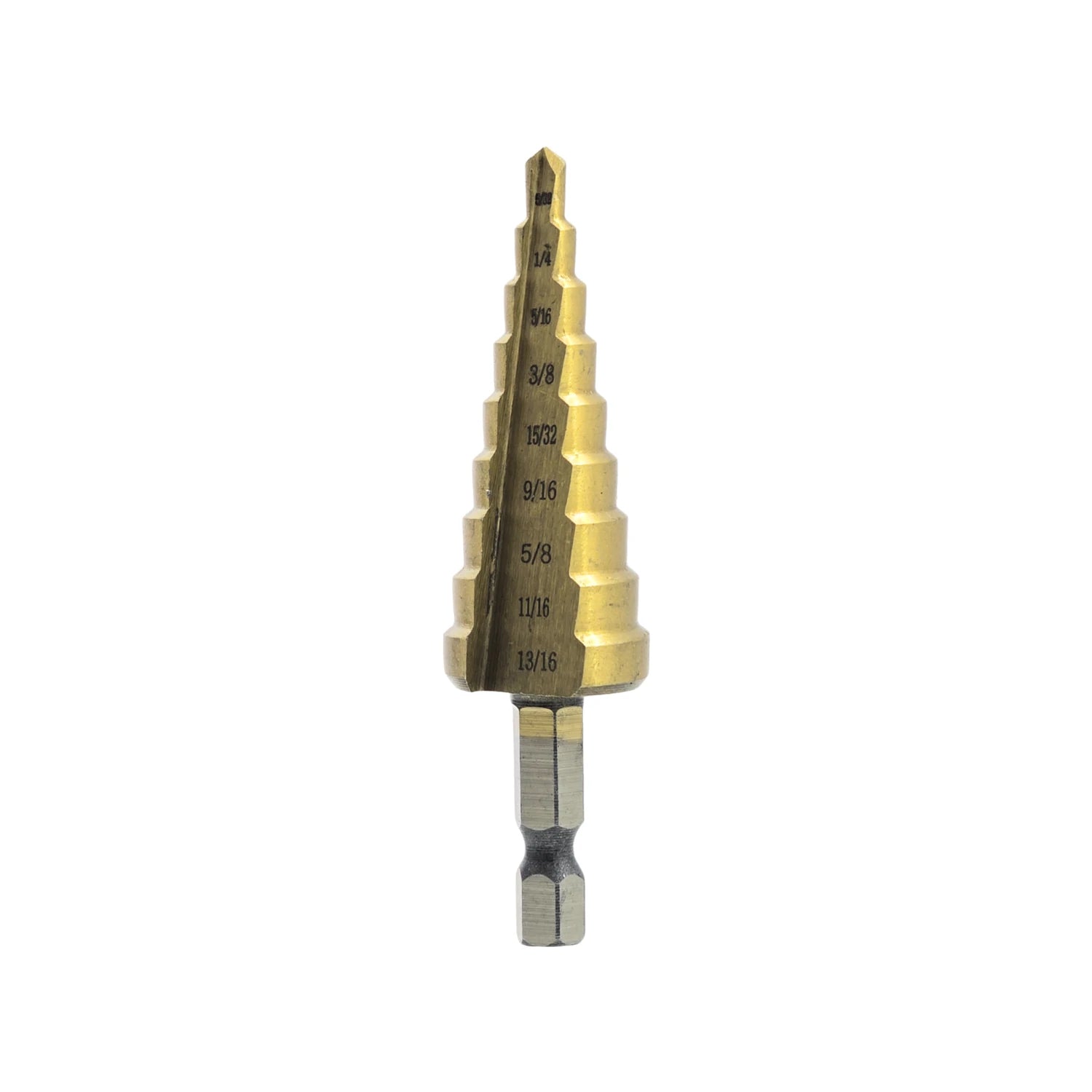 Broca escalonada dorada para metal 5/32"-13/16" con vástago hexagonal para perforar múltiples diámetros.