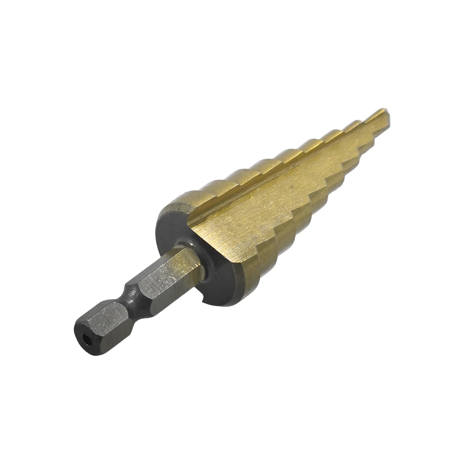Broca escalonada de titanio para metal, acabado dorado, vástago hexagonal, perforación de múltiples diámetros.