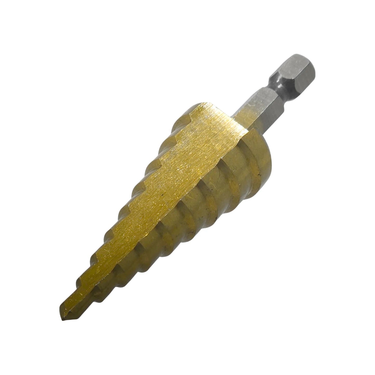 Broca escalonada dorada para metal con vástago hexagonal. Perfora fácilmente diferentes diámetros en acero.