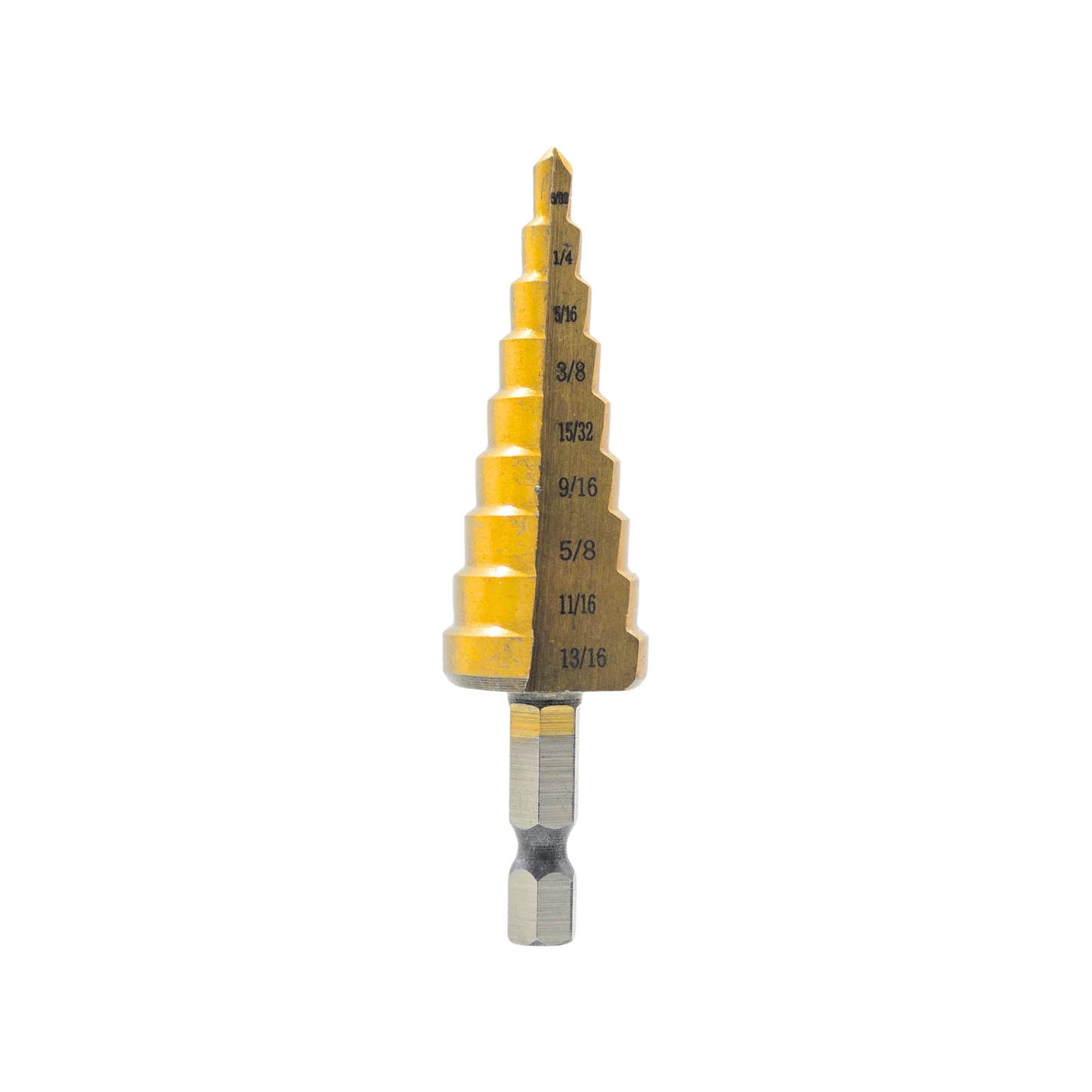Broca escalonada amarilla de acero para metal, con medidas de 5/32 a 13/16 pulgadas