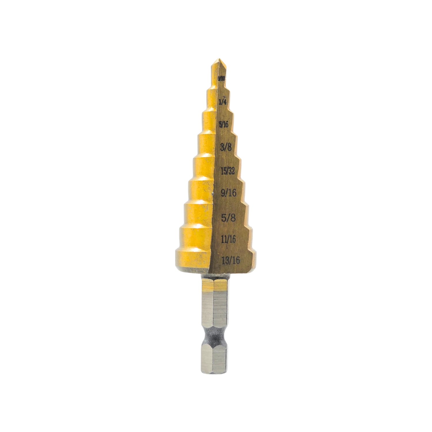 Broca escalonada amarilla de acero para metal, con medidas de 5/32 a 13/16 pulgadas