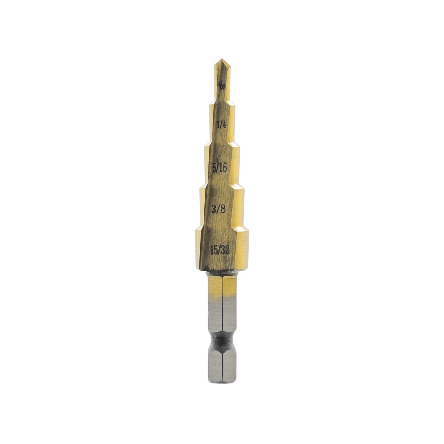 Broca escalonada para metal con medidas 5/32" a 15/32", acabado dorado y vástago hexagonal.
