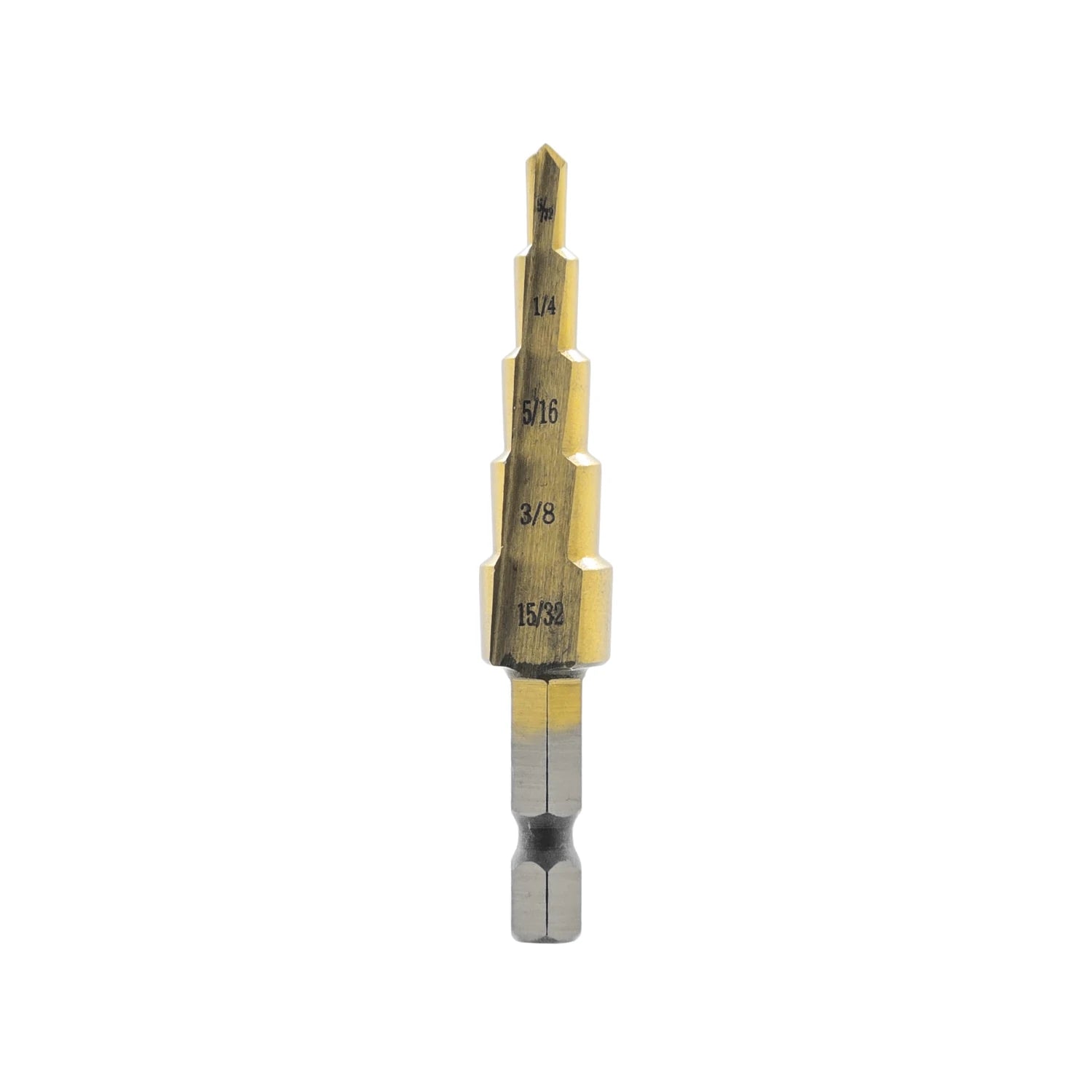 Broca escalonada para metal con medidas 5/32" a 15/32", acabado dorado y vástago hexagonal.