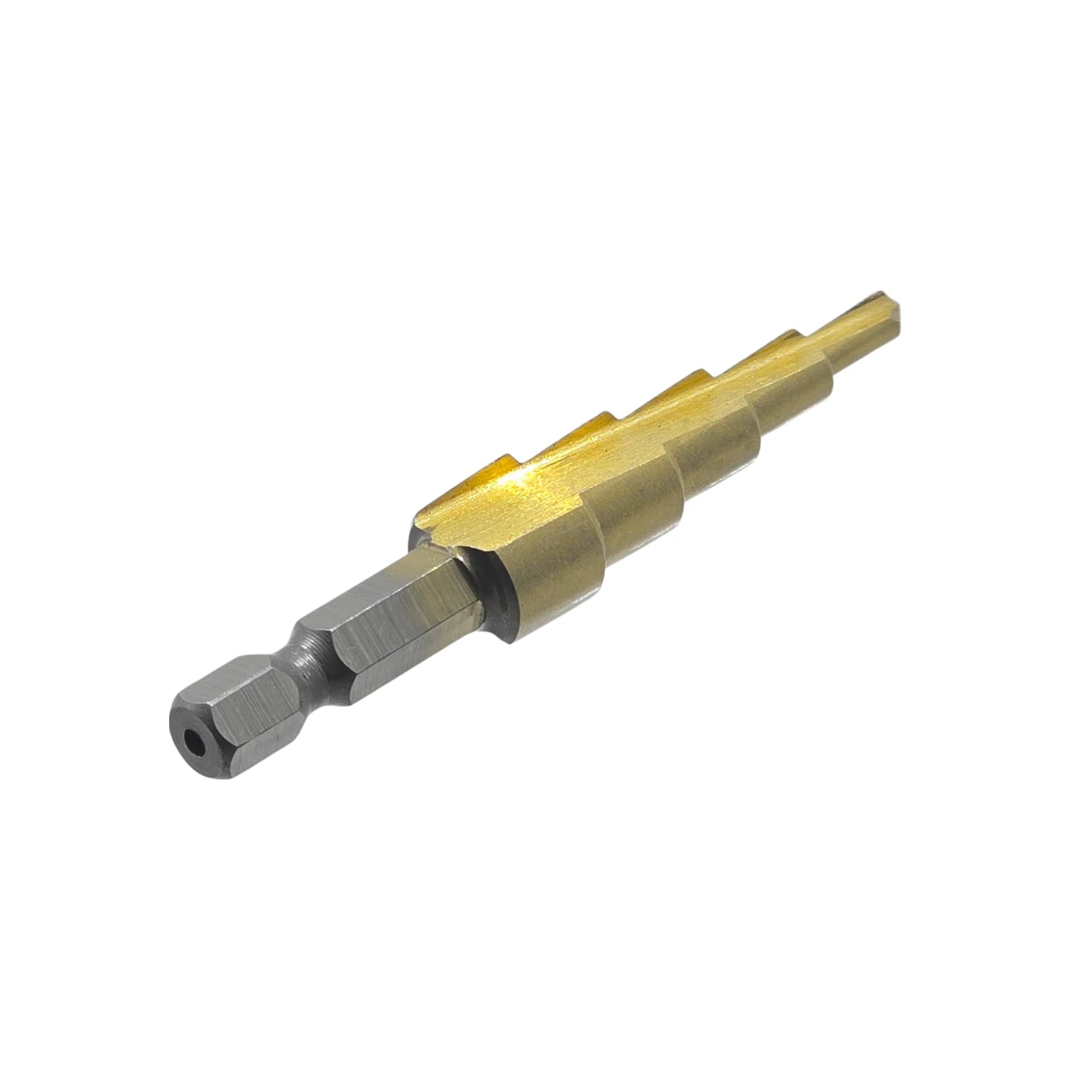 Broca escalonada para metal 5/32"-15/32" con vástago hexagonal, acabado titanio dorado.