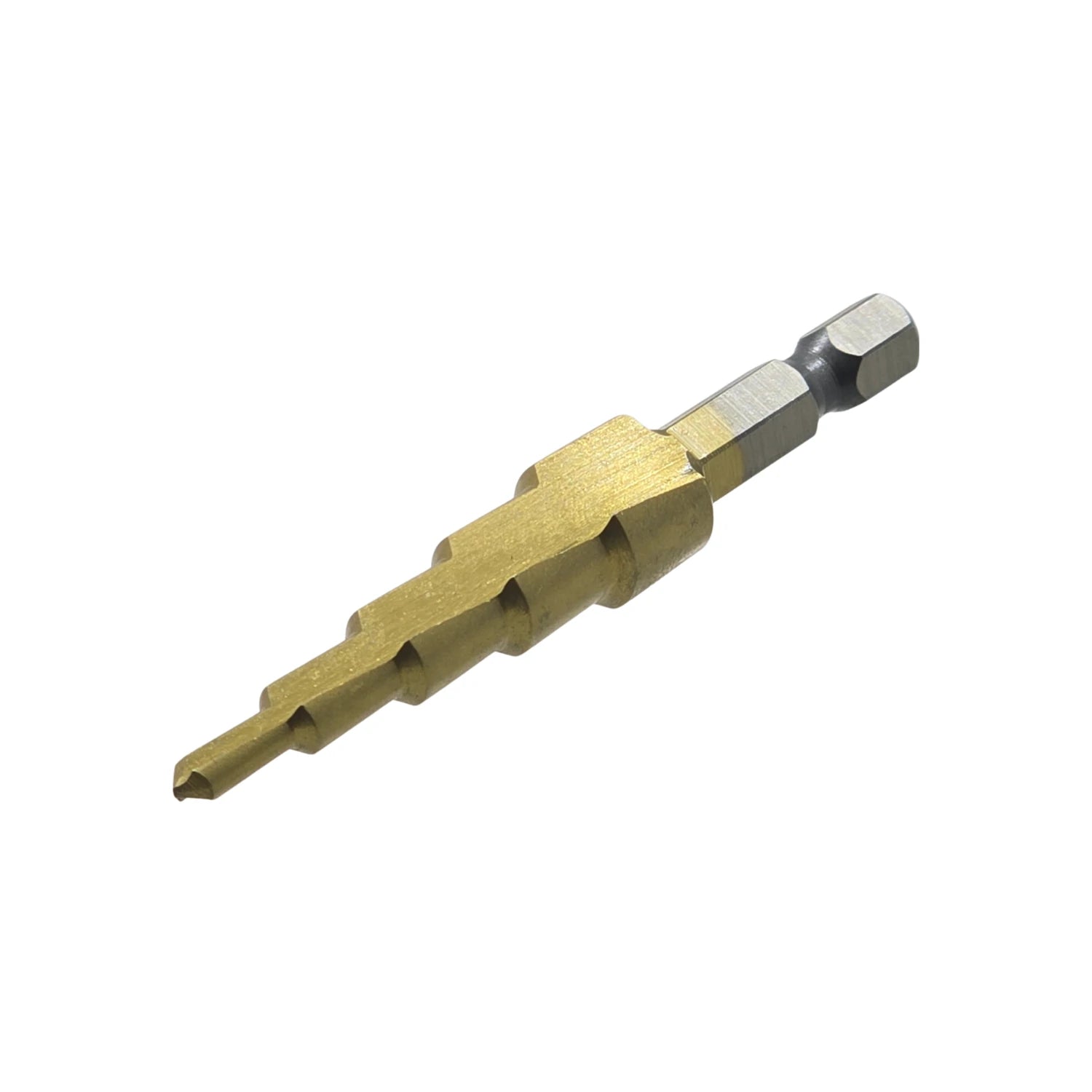 Broca escalonada para metal 5/32" a 15/32" dorada con vástago hexagonal para perforación precisa