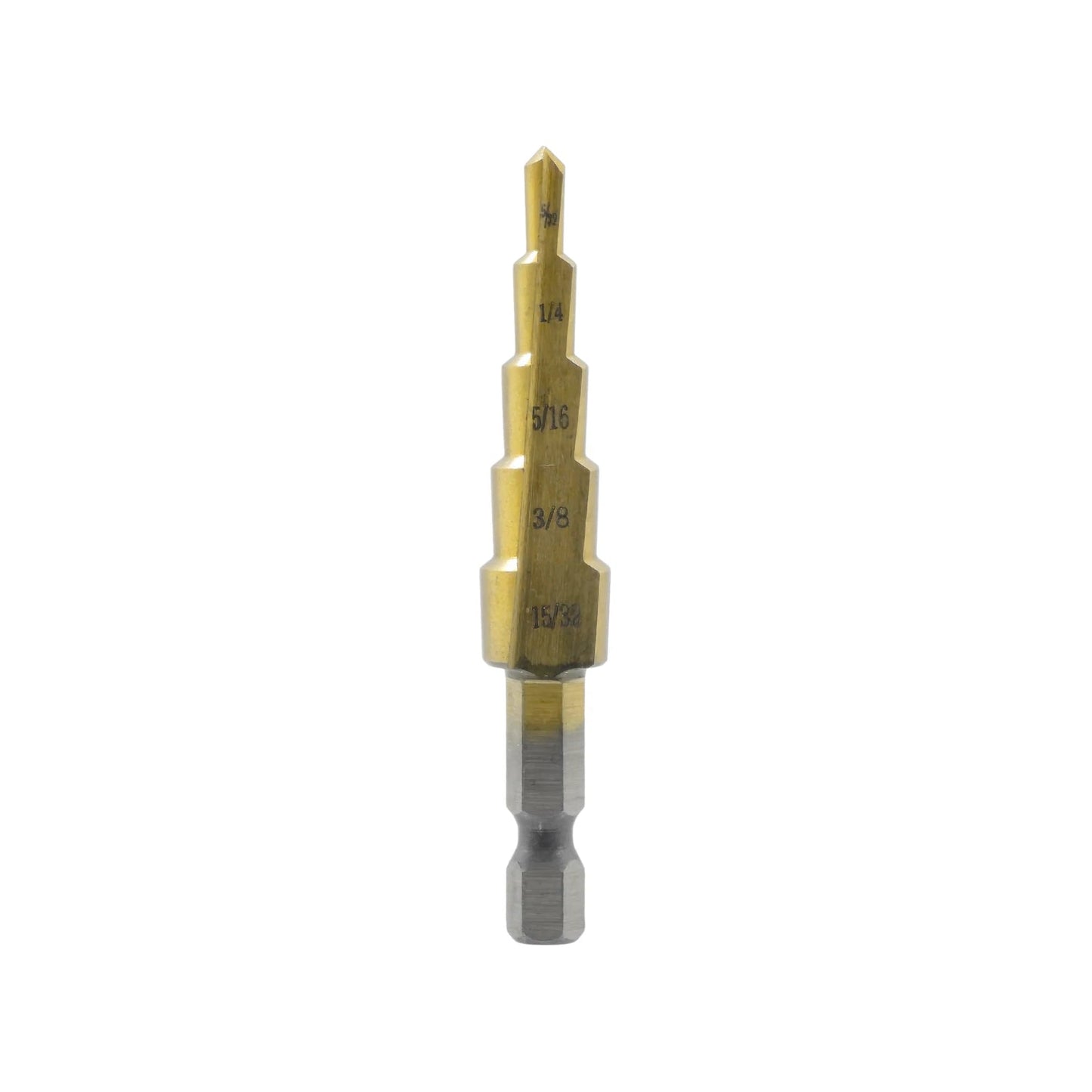 Broca escalonada para metal dorada, vástago hexagonal, medidas de 5/32" a 15/32"