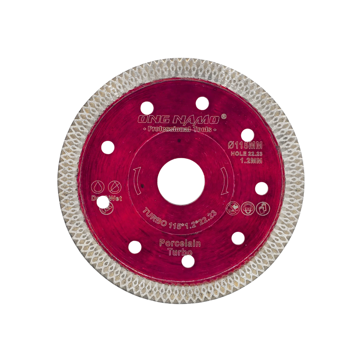 Disco diamantado turbo ONG NAM rojo 115mm para porcelana, corte seco y húmedo profesional