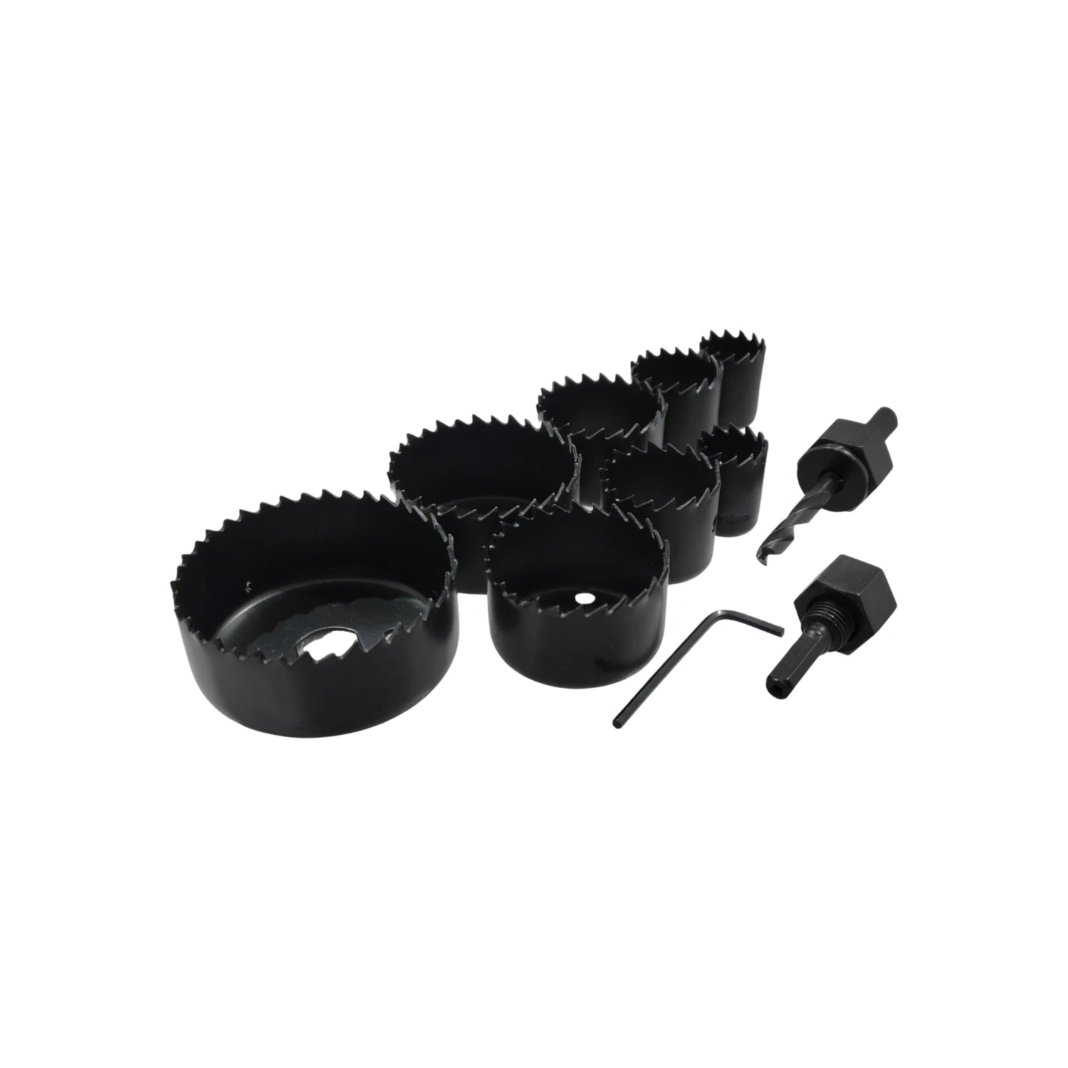 Juego de 11 cortacírculos negros para taladro, incluye brocas centradoras y llave hexagonal. Para madera.
