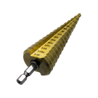 Broca escalonada para metal con recubrimiento de titanio y vástago hexagonal de 1/4 a 1-1/4 pulgadas.