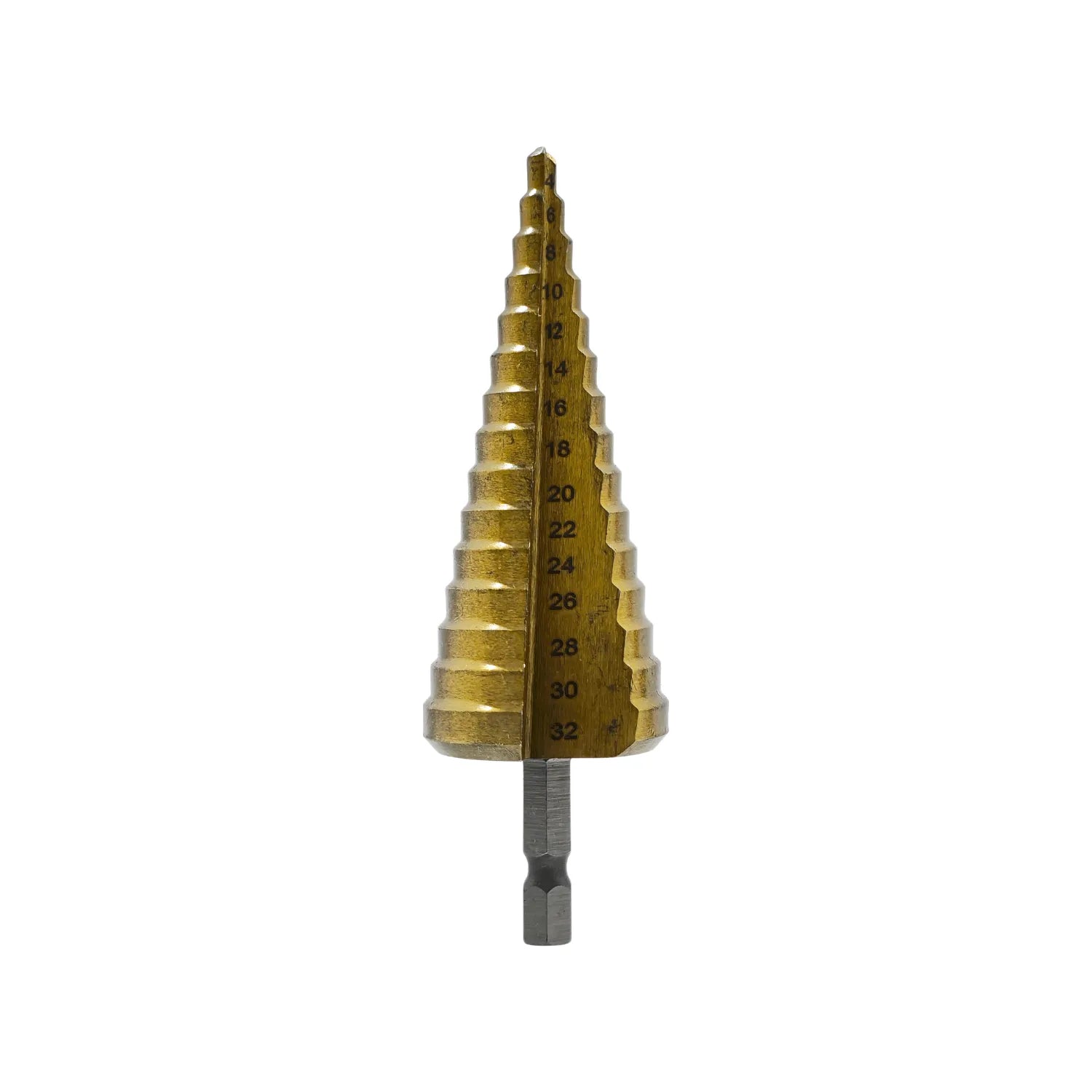 Broca escalonada 4-32mm de titanio dorado con vástago hexagonal para perforaciones precisas en metal y madera