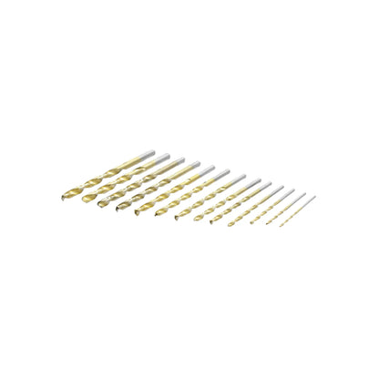 Juego de 13 brocas HSS con recubrimiento de titanio para metal y madera, puntas helicoidales de varios diámetros.
