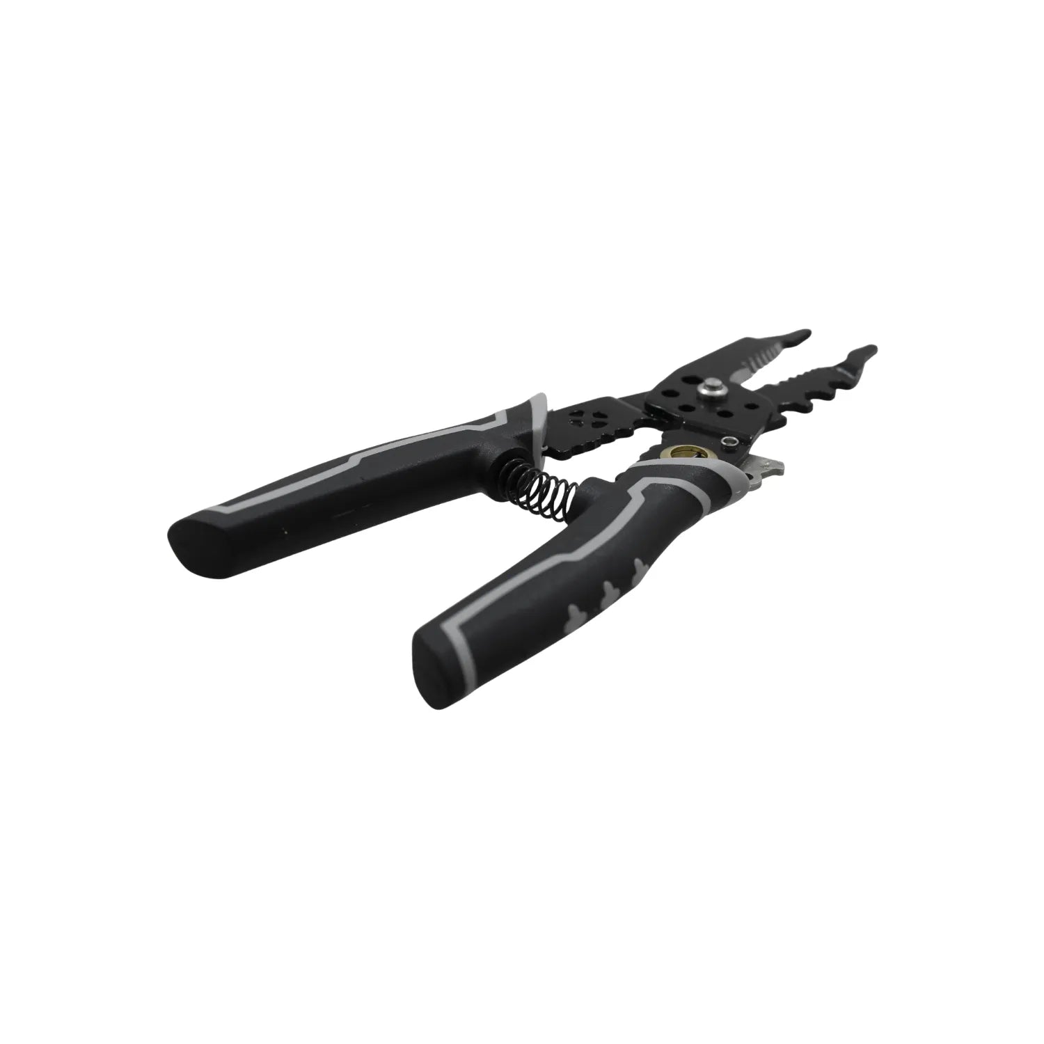 Pelacables multifunción con mango ergonómico negro y gris y resorte para corte y pelado de cables eléctricos