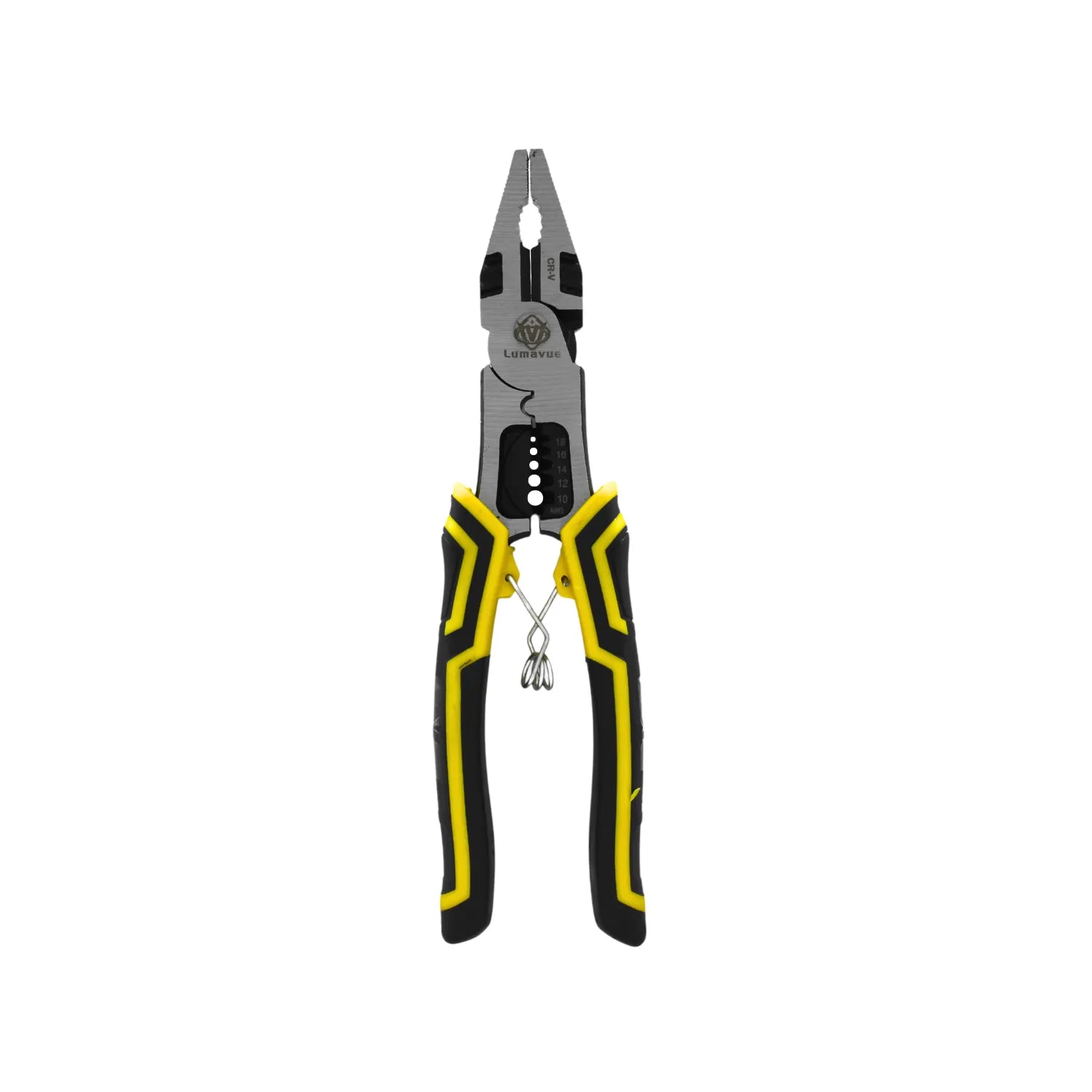 Alicates multifunción Lumavue con pelacables AWG 10-18 y cortador, mango ergonómico antideslizante amarillo y negro.