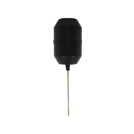 Flotador de cisterna negro tipo N7 con varilla roscada metálica para control de nivel de agua en tanques.