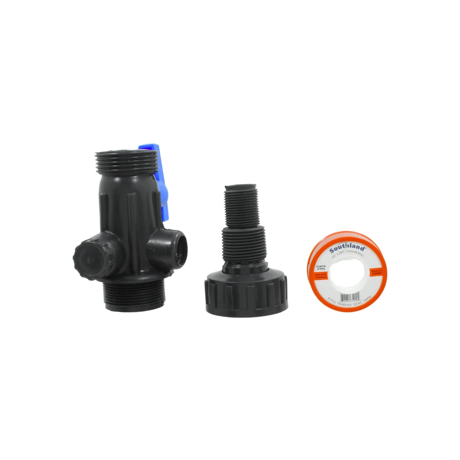 Multi conector de plástico negro para tinaco con válvula azul y cinta selladora de roscas PTFE Southland