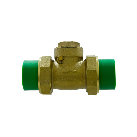 Válvula check de bronce con terminales PPR verdes DN25 para termofusión en instalaciones de agua