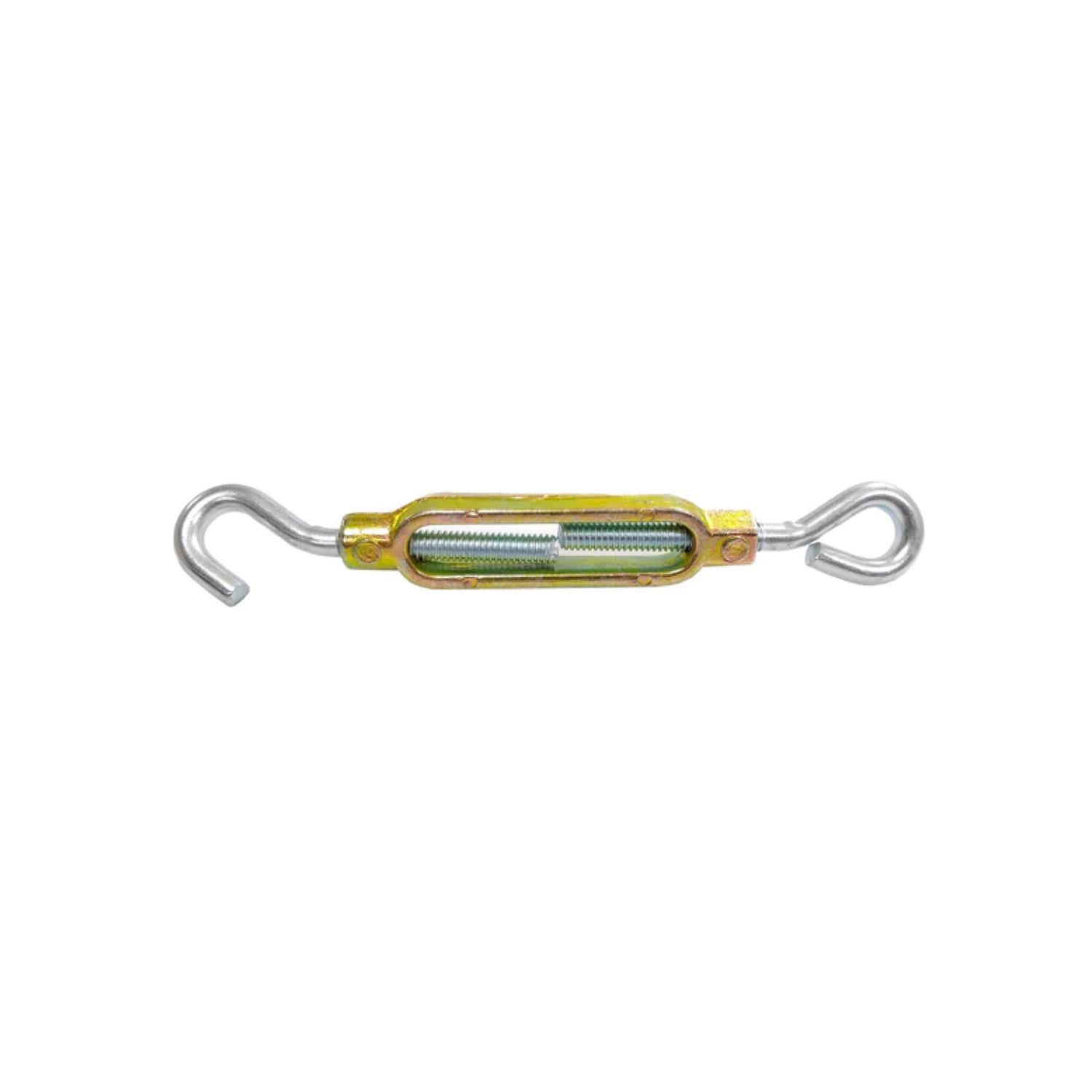 Tensor de metal dorado con gancho y argolla para ajuste de tensión en cables y cuerdas