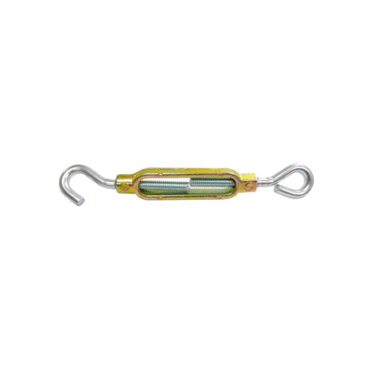 Tensor de metal dorado con gancho y argolla para ajuste de tensión en cables y cuerdas