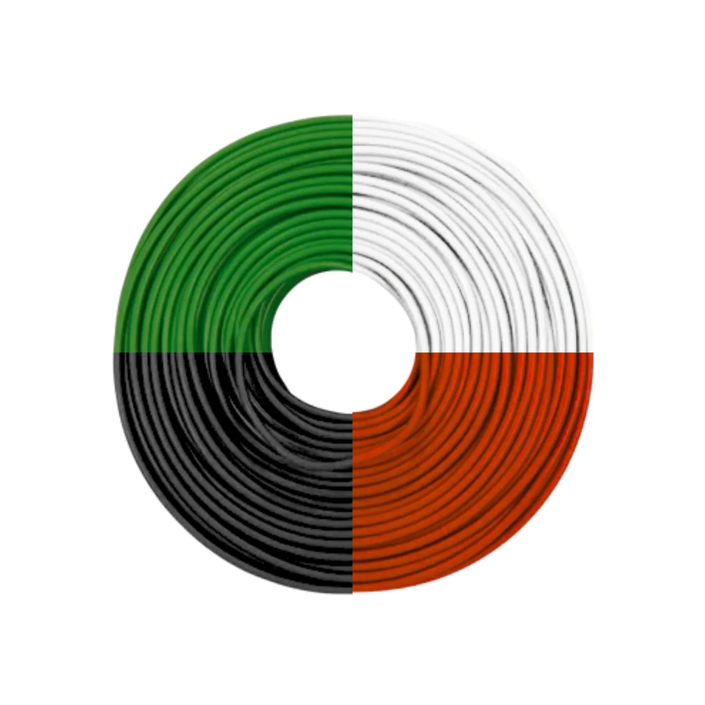 Bobina de cable eléctrico en colores verde, blanco, negro y rojo para instalaciones y proyectos de electricidad
