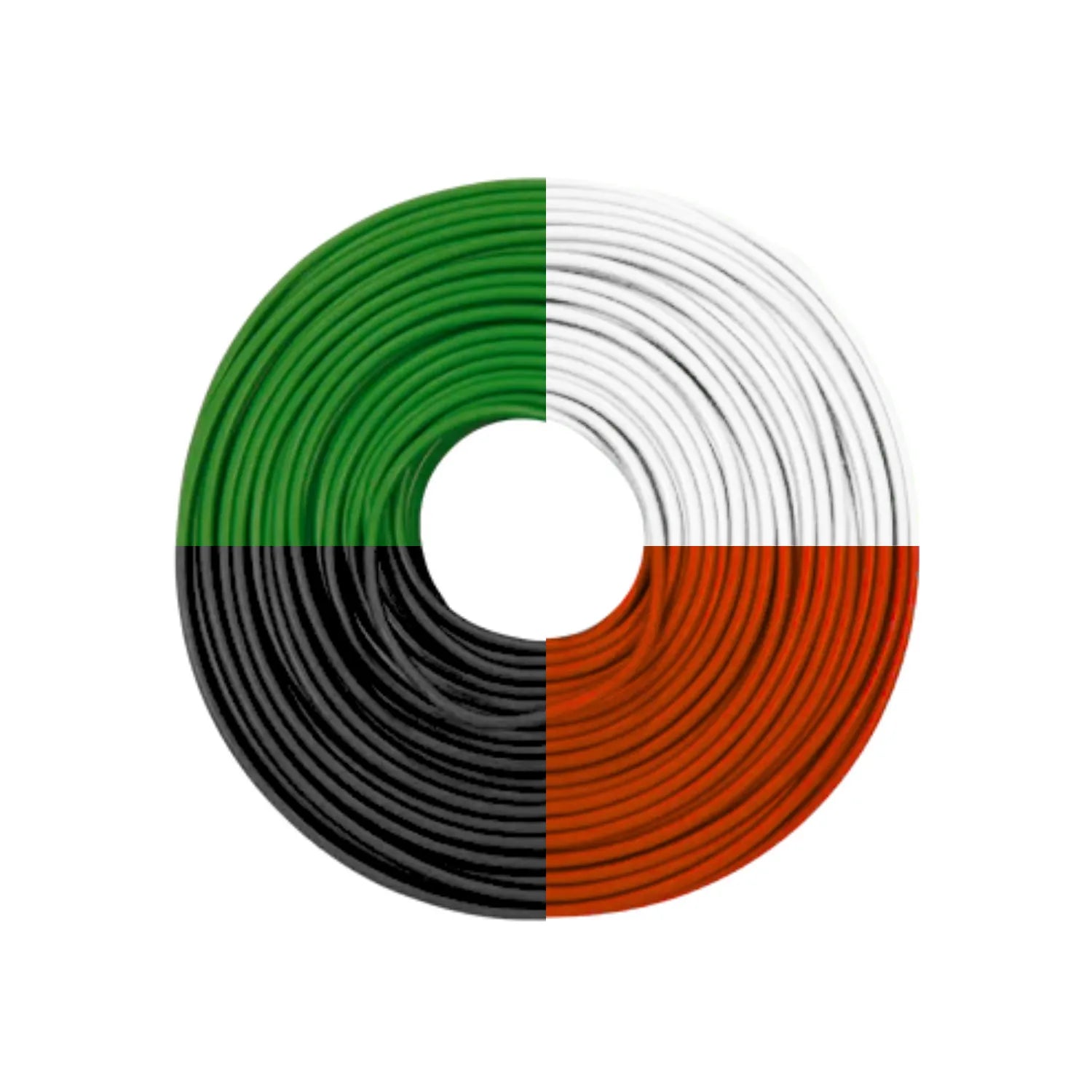 Bobina de cable eléctrico en colores verde, blanco, negro y rojo para instalaciones y proyectos de electricidad