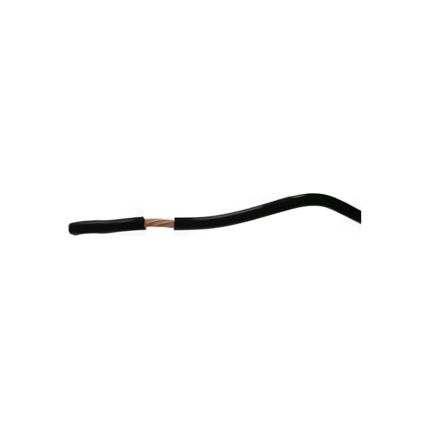 Cable eléctrico negro calibre 10 con aislamiento pelado, mostrando hebras de cobre trenzado