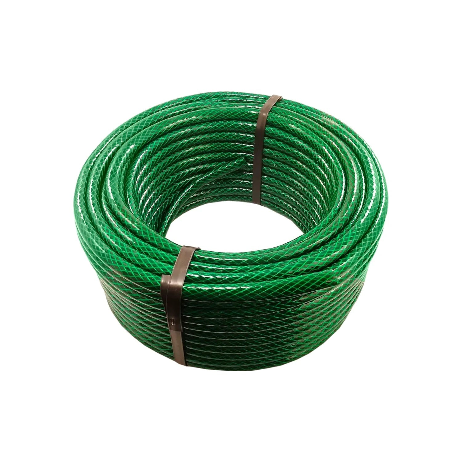 Manguera tramada verde 1/2"x50m enrollada para jardín y riego.