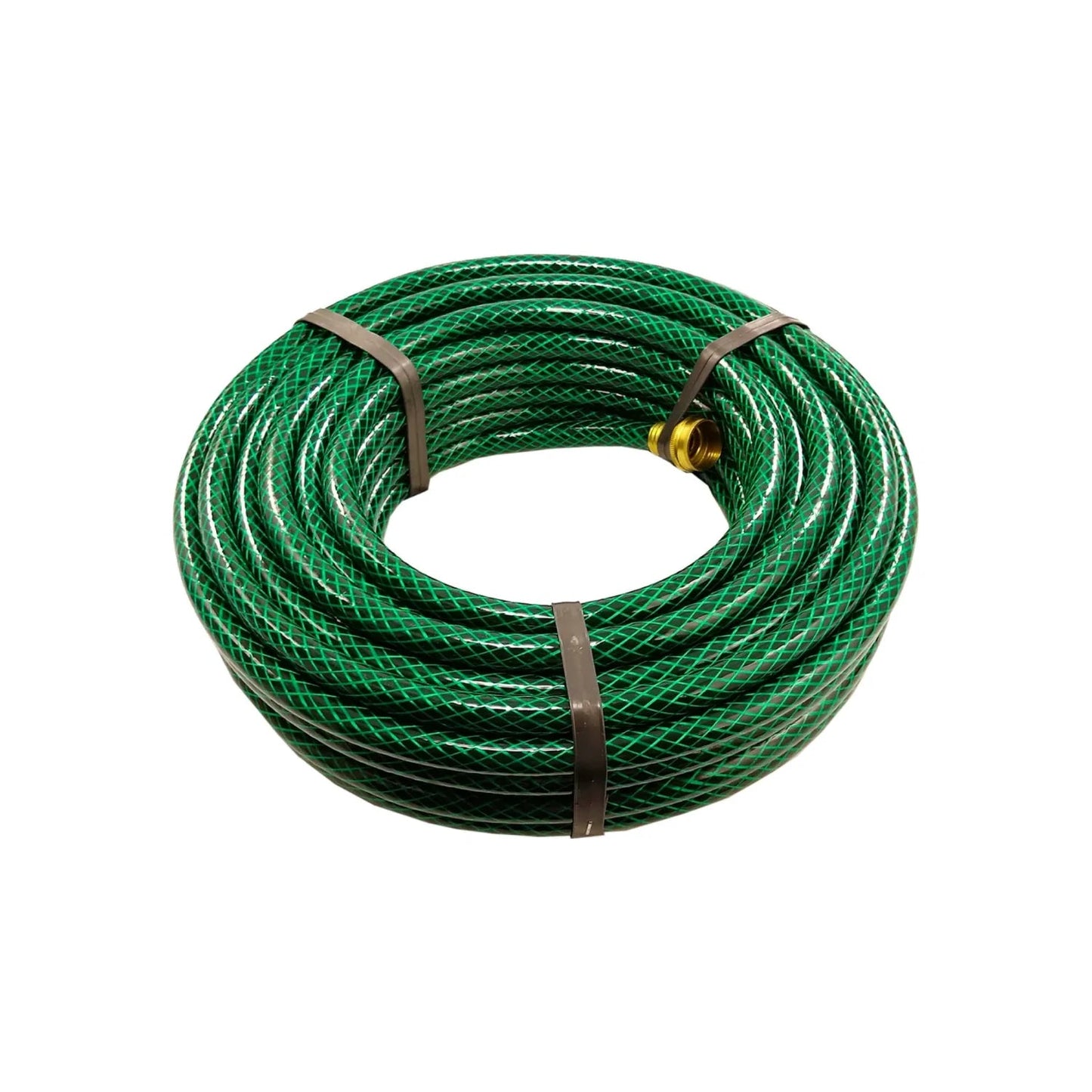 Manguera de jardín verde tramada 1/2"x25m enrollada con conectores de latón para riego.
