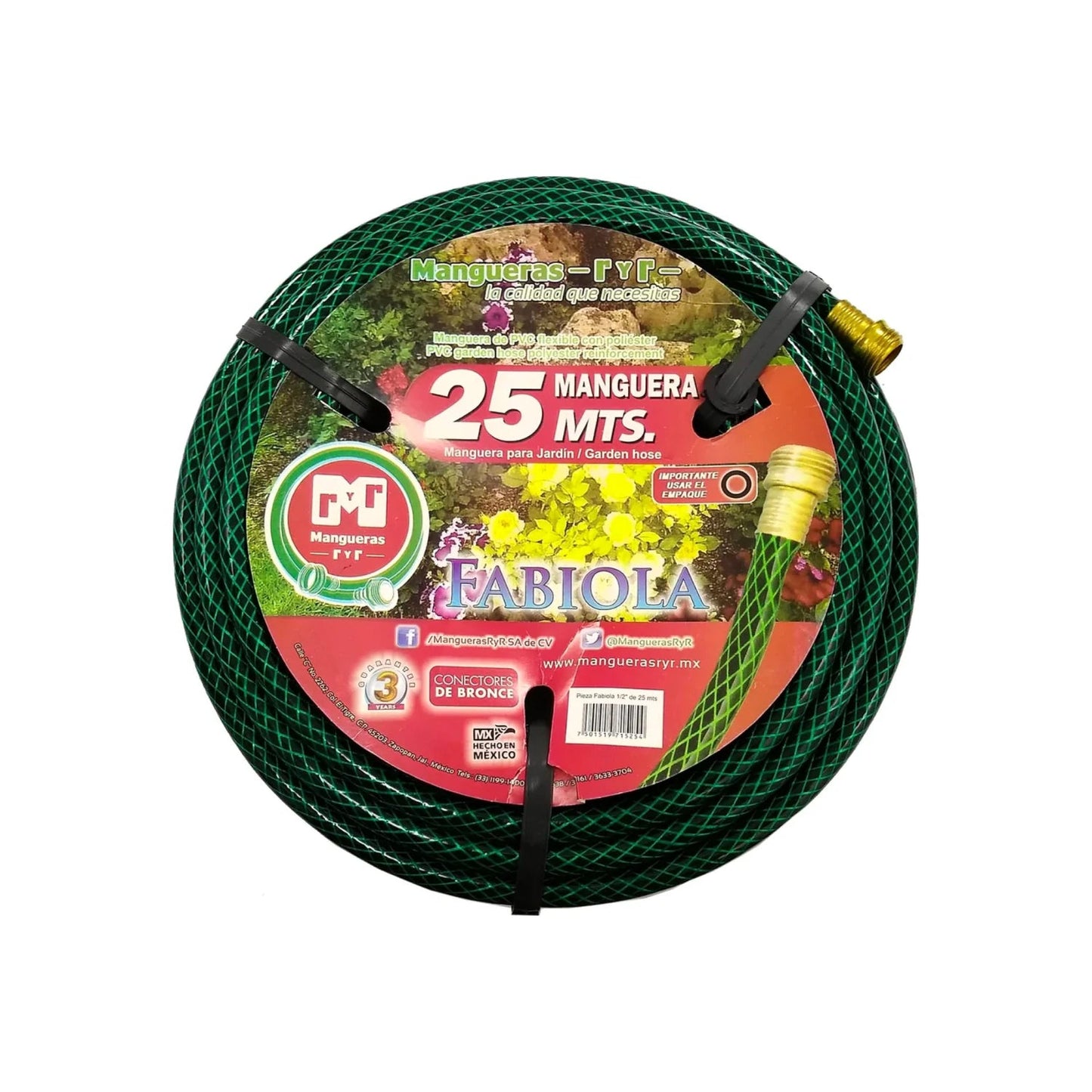 Manguera de jardín verde Fabiola RyR 25m, PVC reforzado con conectores de bronce para riego.