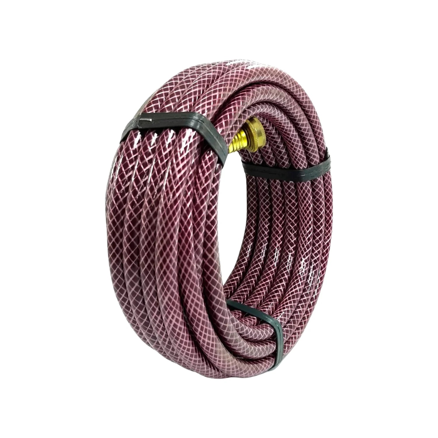 Manguera tramada enrollada color púrpura con conectores de latón para jardín y riego.