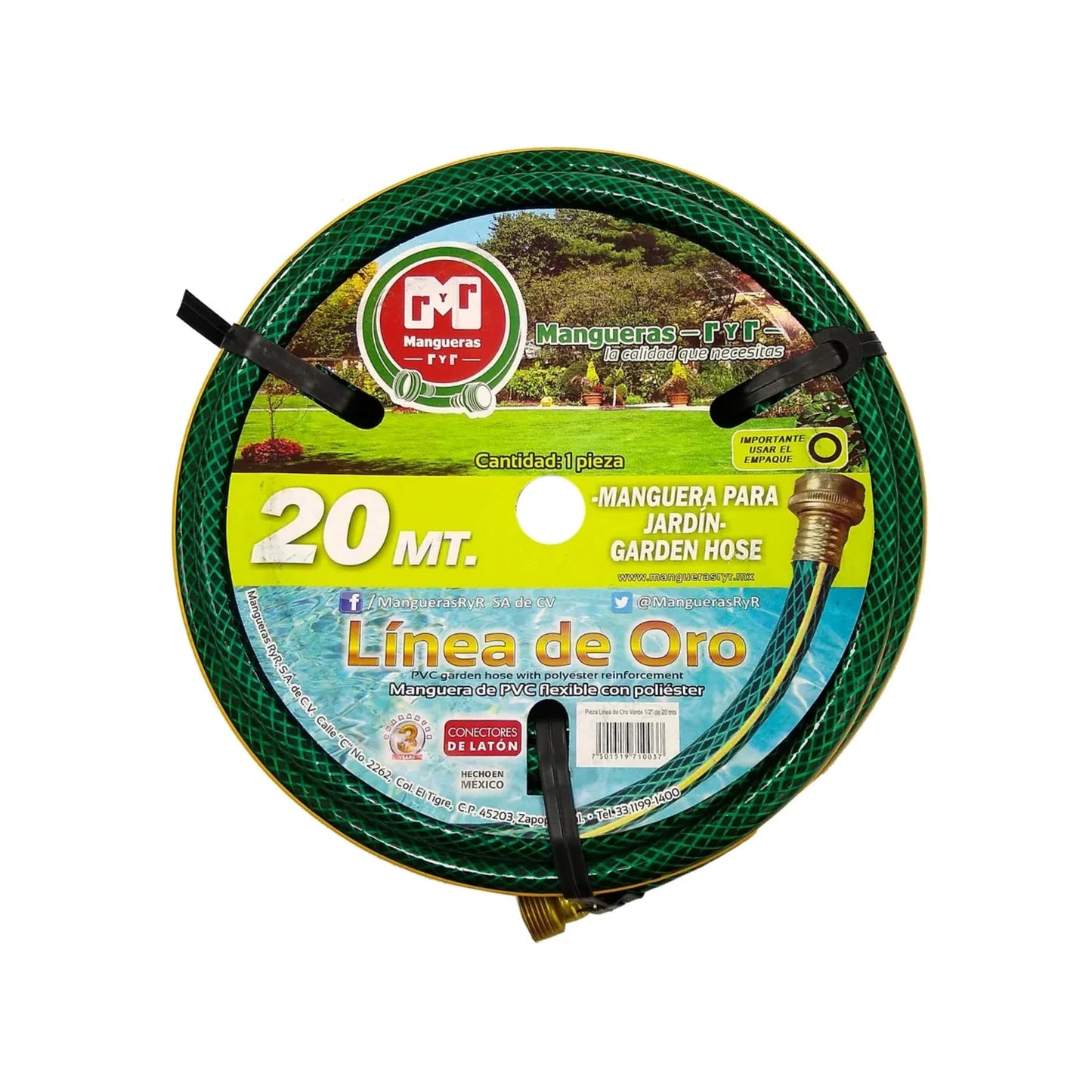 Manguera jardín RyR Línea de Oro PVC 20m verde flexible con refuerzo de poliéster y conectores de latón