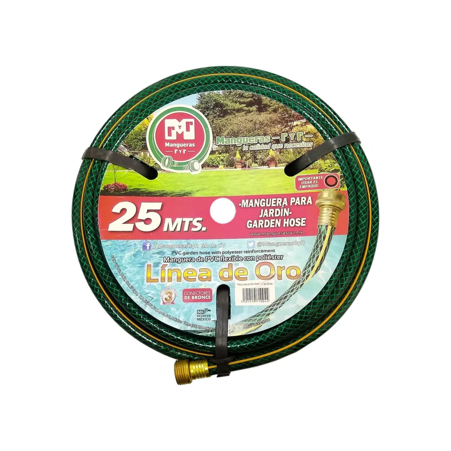 Manguera para jardín RYR Línea de Oro verde 25 mts PVC reforzado con poliéster y conectores bronce.