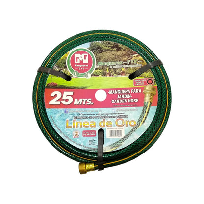 Manguera para jardín RYR Línea de Oro verde 25 mts PVC reforzado con poliéster y conectores bronce.