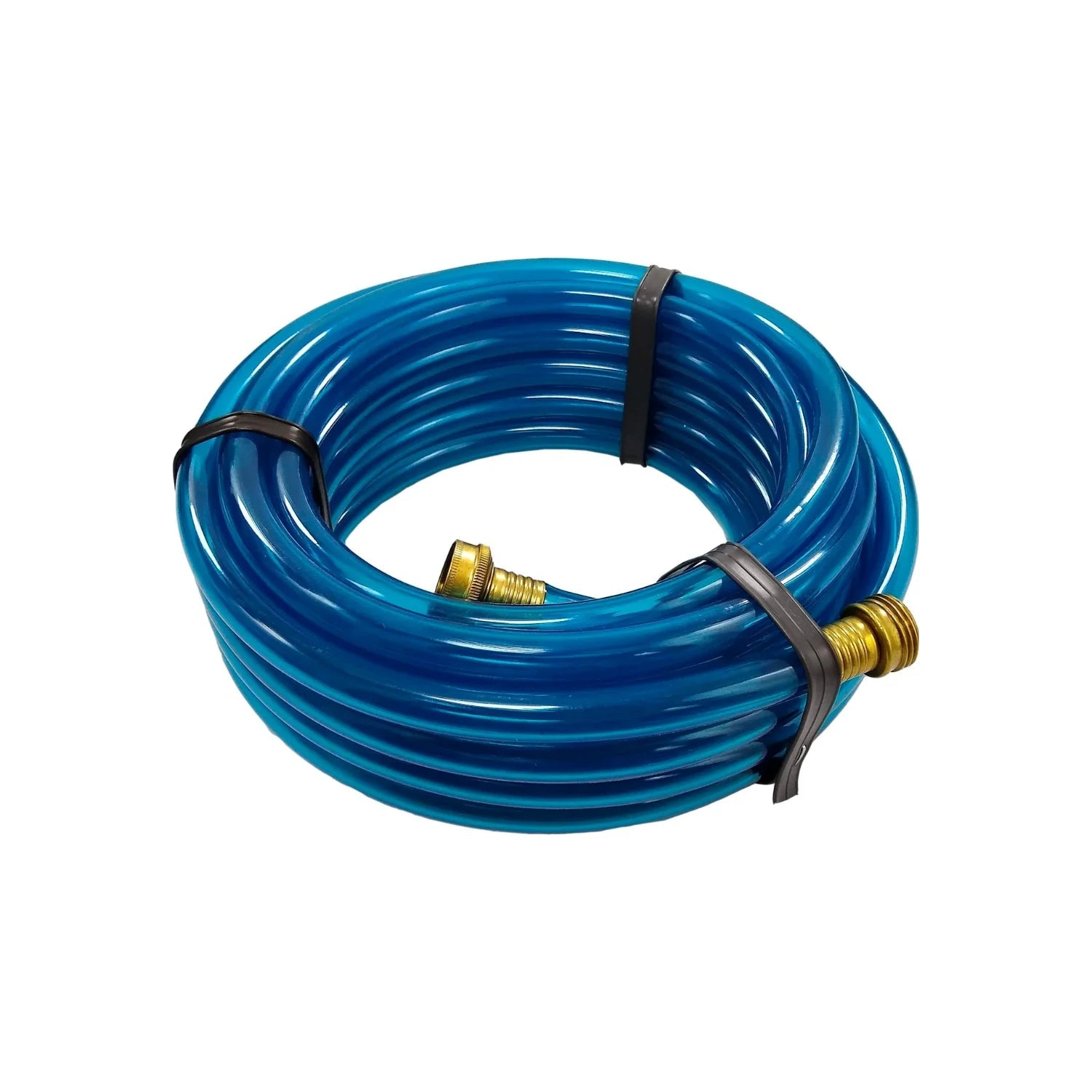 Manguera de silicón azul flexible enrollada con acoples de latón para jardín y agua.