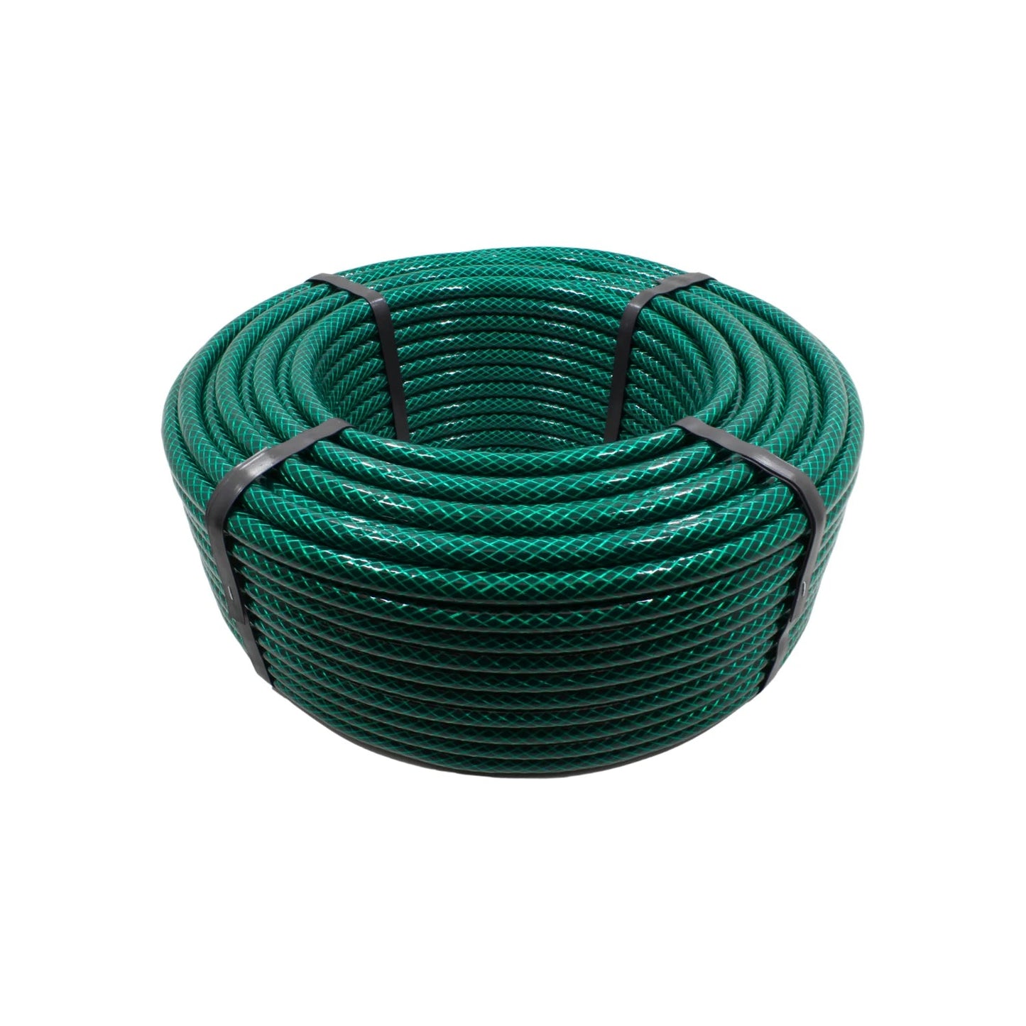 Manguera verde tramada de jardín de 1/2 pulgada x 100 metros, enrollada para riego y jardinería.