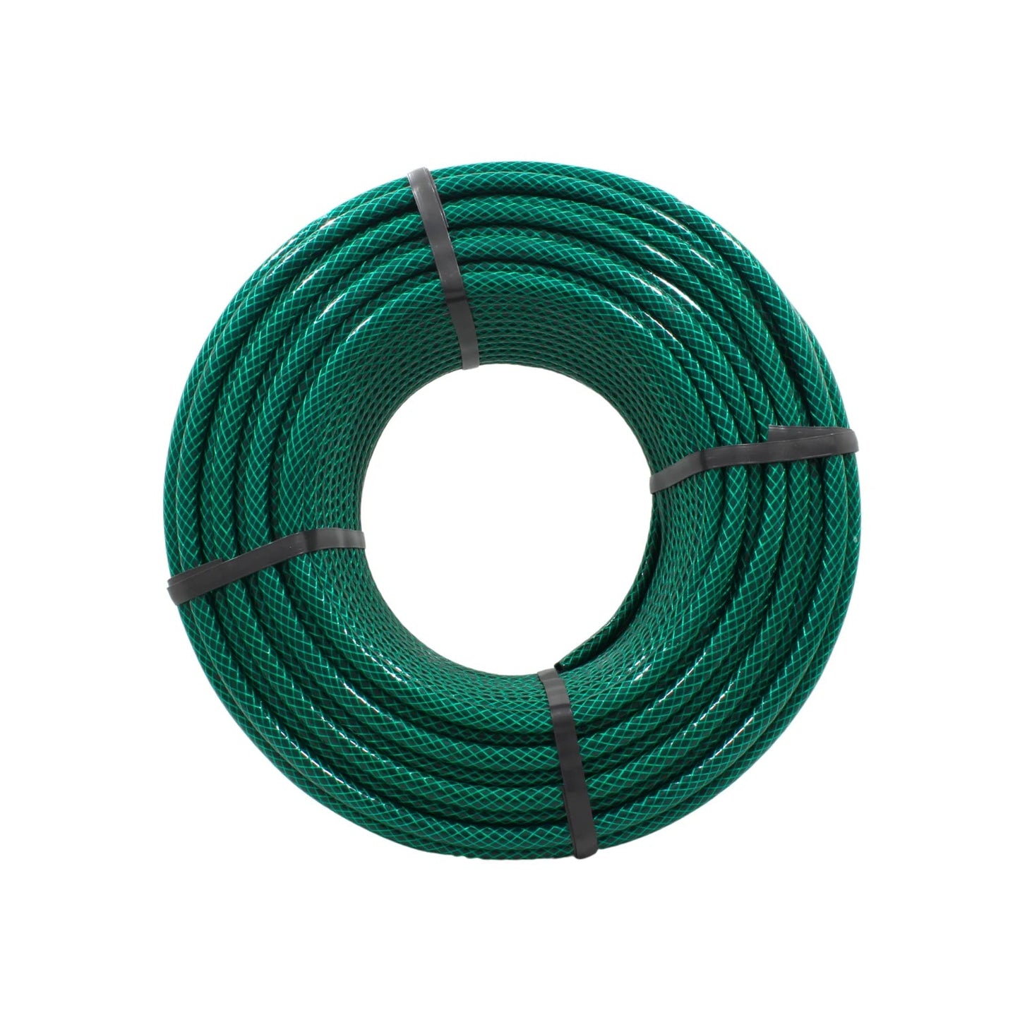 Manguera tramada verde para jardín, enrollada y asegurada, perfecta para riego exterior y almacenaje fácil.