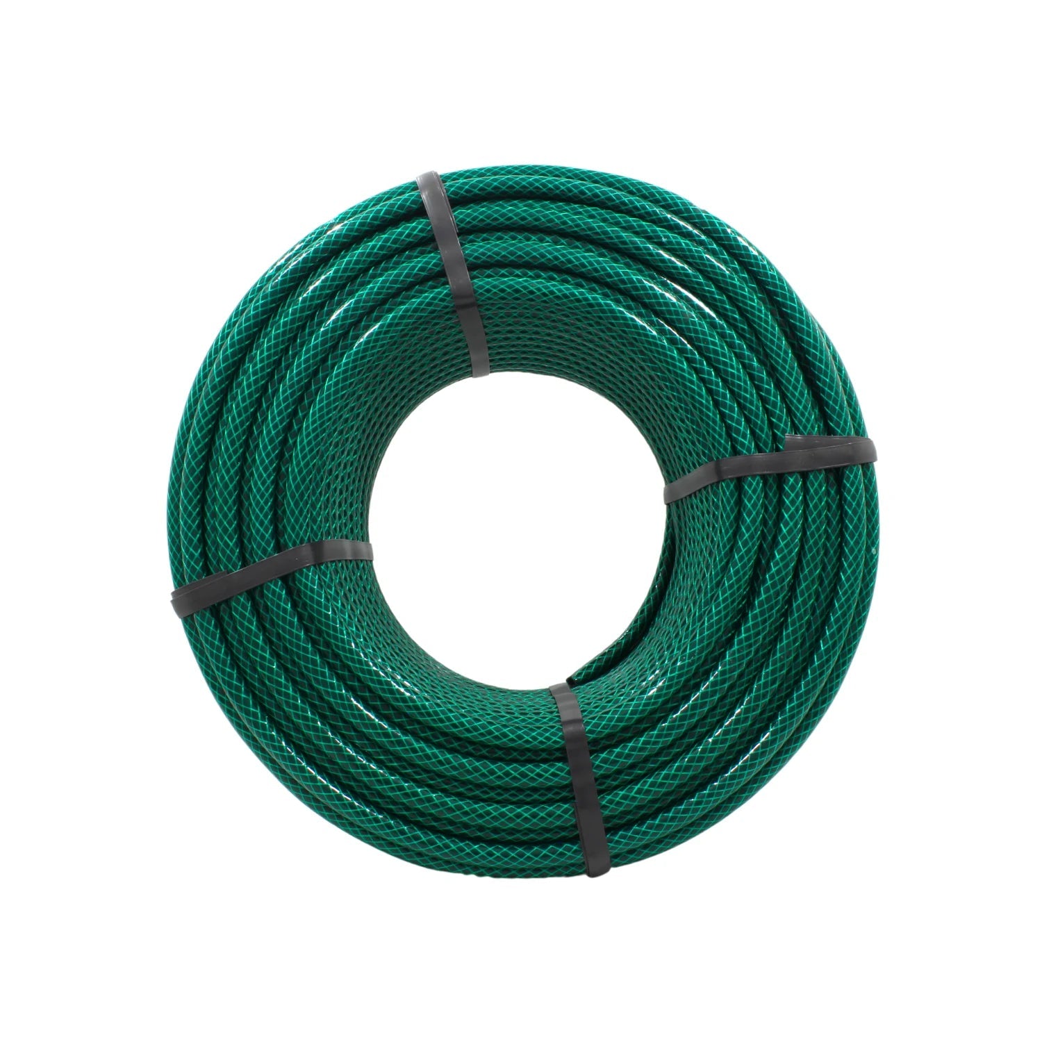 Manguera tramada verde para jardín, enrollada y asegurada, perfecta para riego exterior y almacenaje fácil.