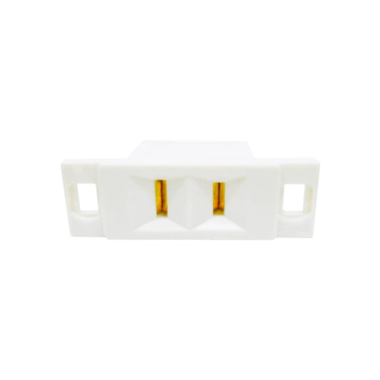 Contacto eléctrico sencillo blanco de dos ranuras planas con terminales metálicos.
