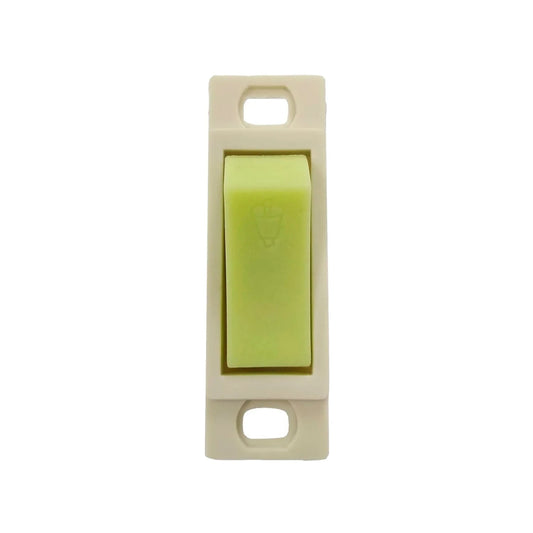 Botón de timbre verde limón fluorescente, módulo para instalación eléctrica con símbolo de campana.