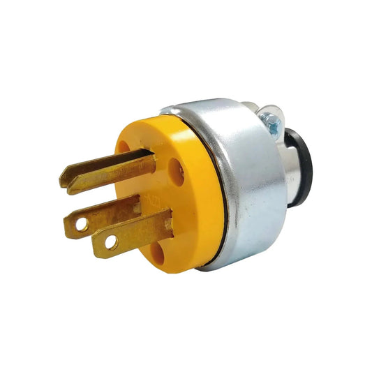Clavija industrial aterrizada 3 polos 127V, conector eléctrico macho amarillo y carcasa metálica resistente