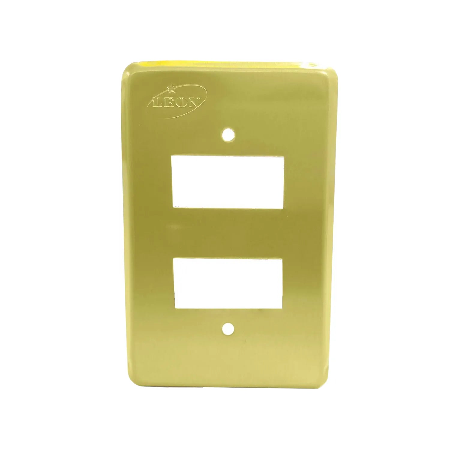 Placa eléctrica doble dorada marca León con 2 ventanas para interruptores y mecanismos