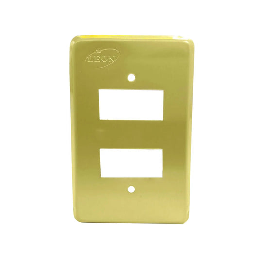 Placa eléctrica doble dorada marca León con 2 ventanas para interruptores y mecanismos