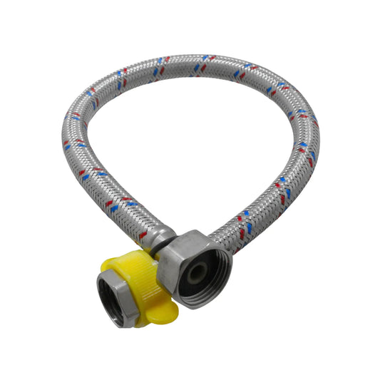 Flexible trenzado de acero inoxidable para agua fría y caliente con tuerca de aleta amarilla para fácil instalación.