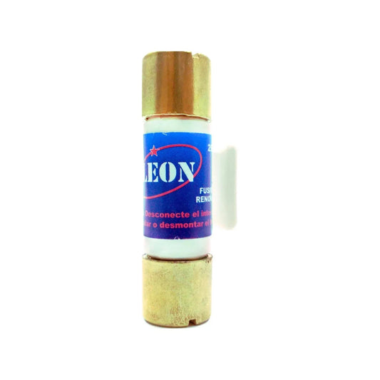 Fusible eléctrico cilíndrico LEON 25A con agarradera blanca, tapas doradas y etiqueta azul